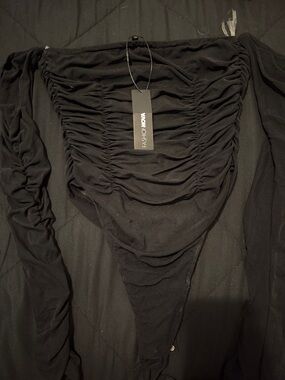 Fashion Nova Black Ruched Sheer Long-Sleeve Bodysuit